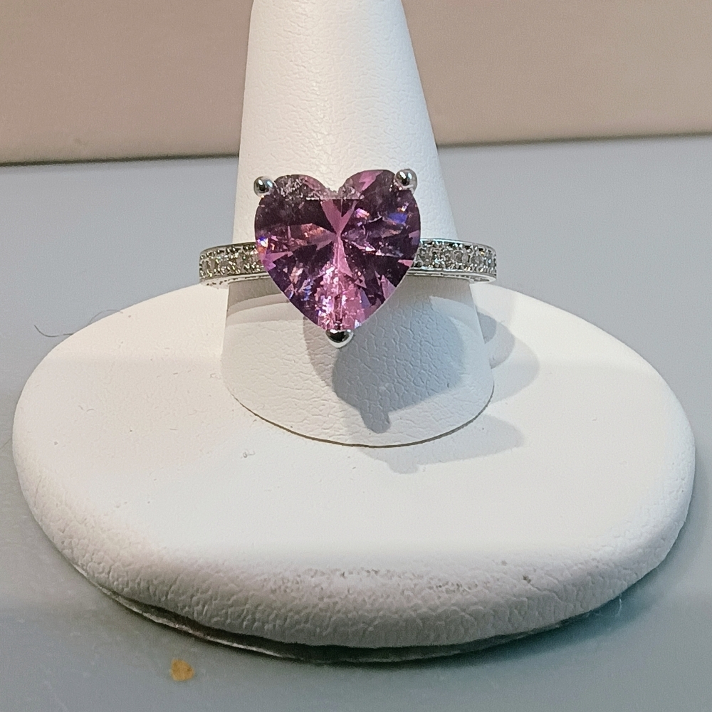 Cubic Zirconia Heart Cut Ring Pink Silver Tone Size 7